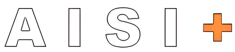 Logotipo de Aisi+ con letras negras contorneadas y símbolo de suma naranja, marca de cocinas de acero inoxidable a medida.